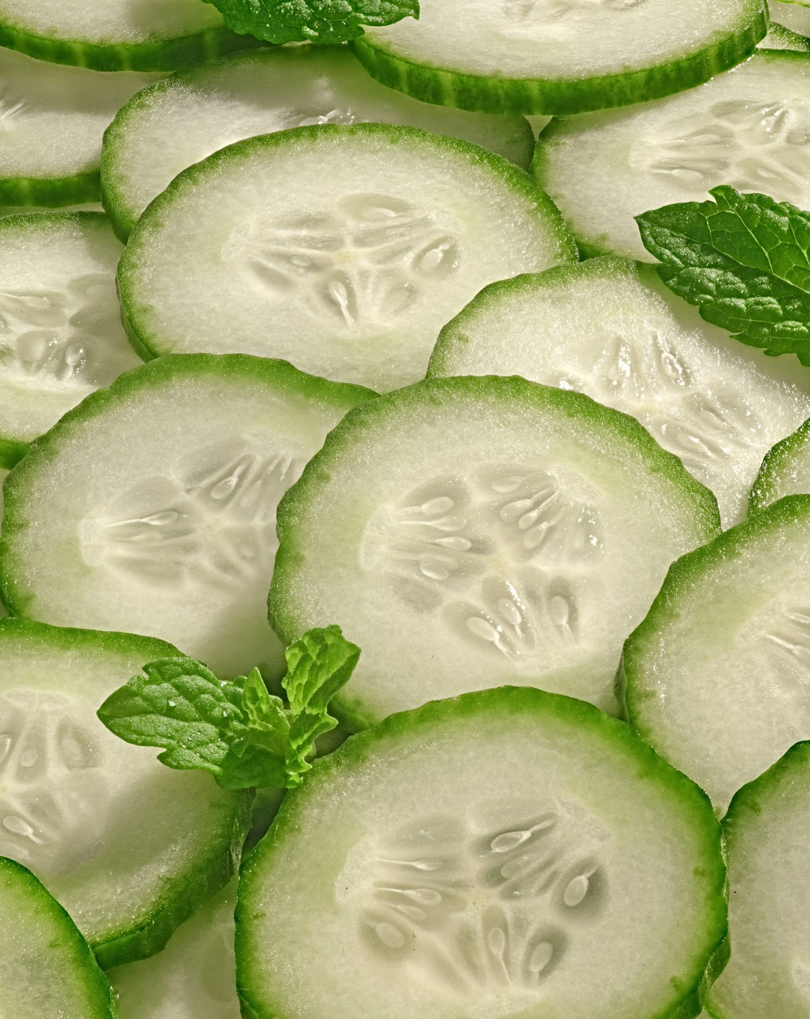 Layered cucumber slices with fresh mint