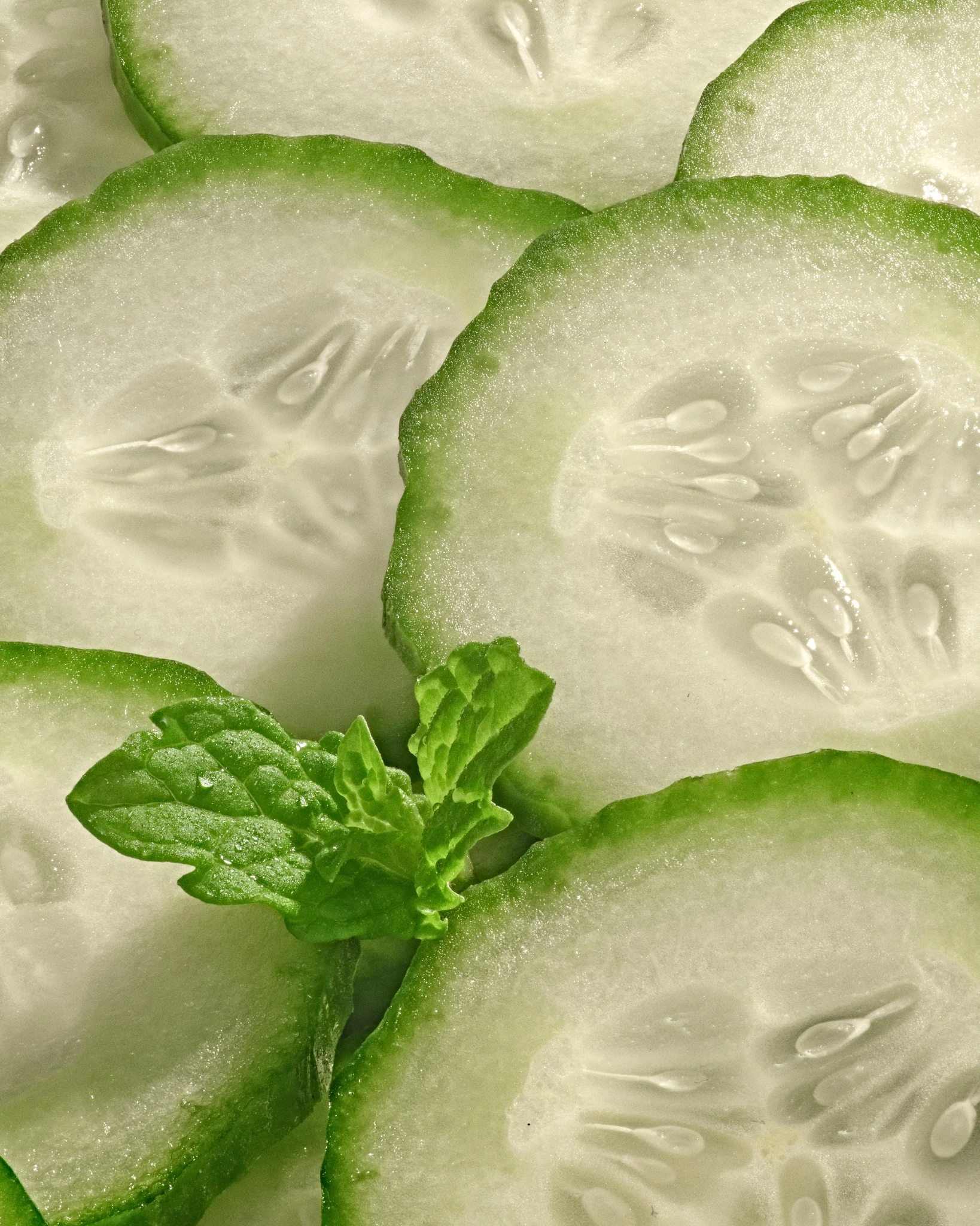 Macro cucumber slices with a sprig of mint