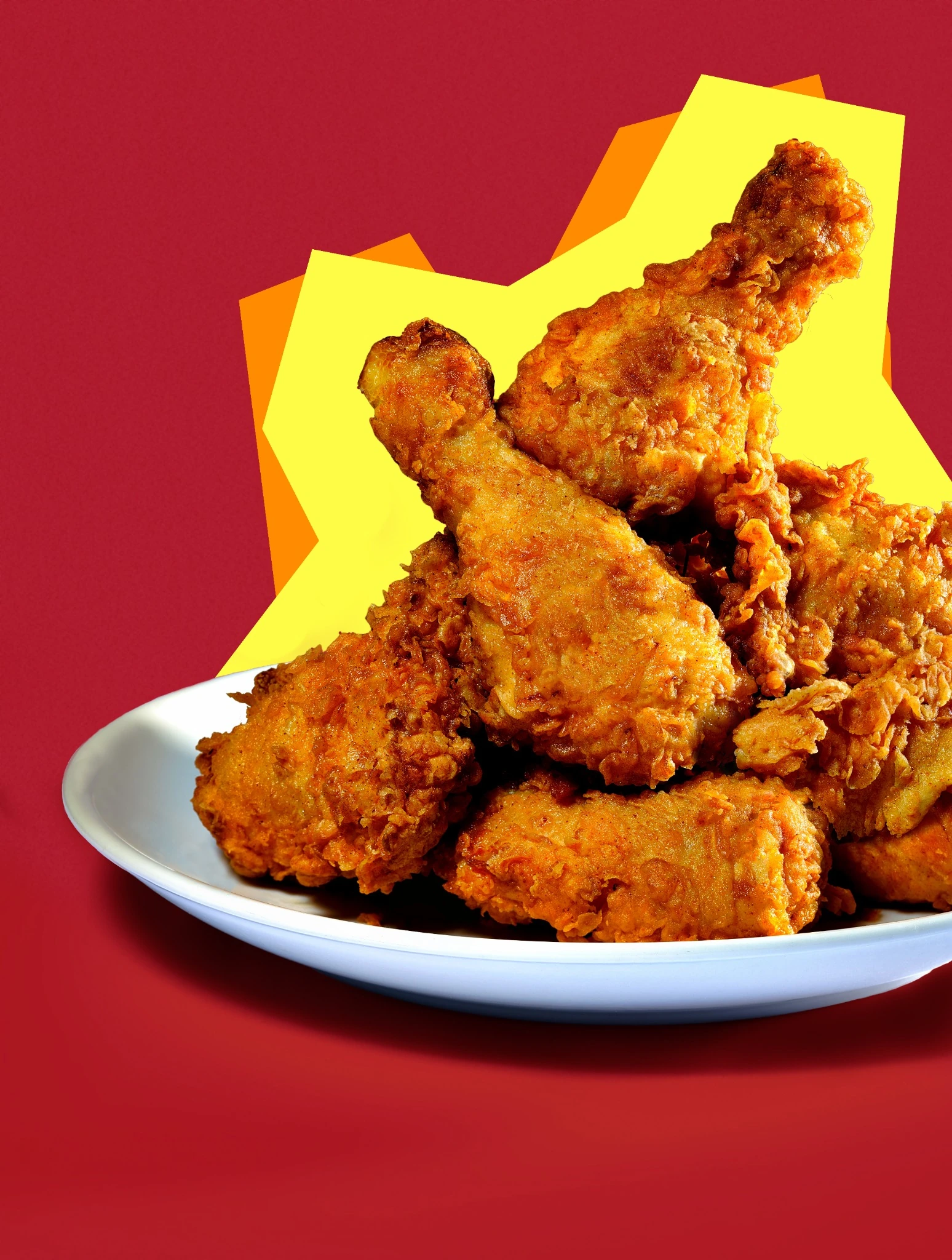 Stacked fried chicken with yellow and orange graphic shapes